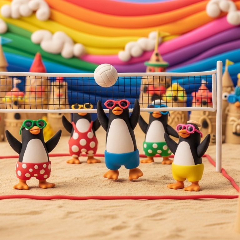 Claymation Whimsical: Penguins Beach Volleyball 